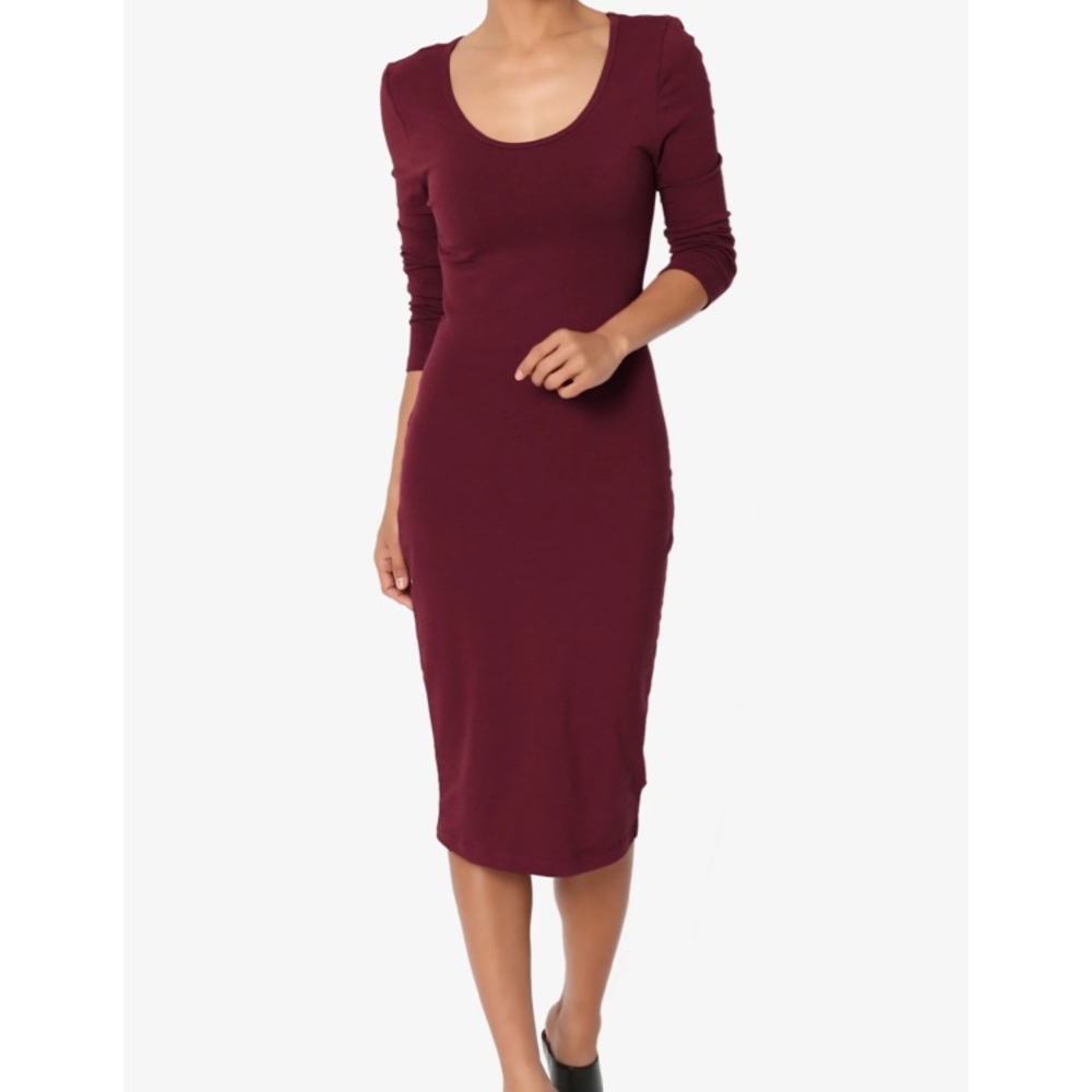 Scoop Neck 3/4 Sleeve Bodycon Midi Dress
